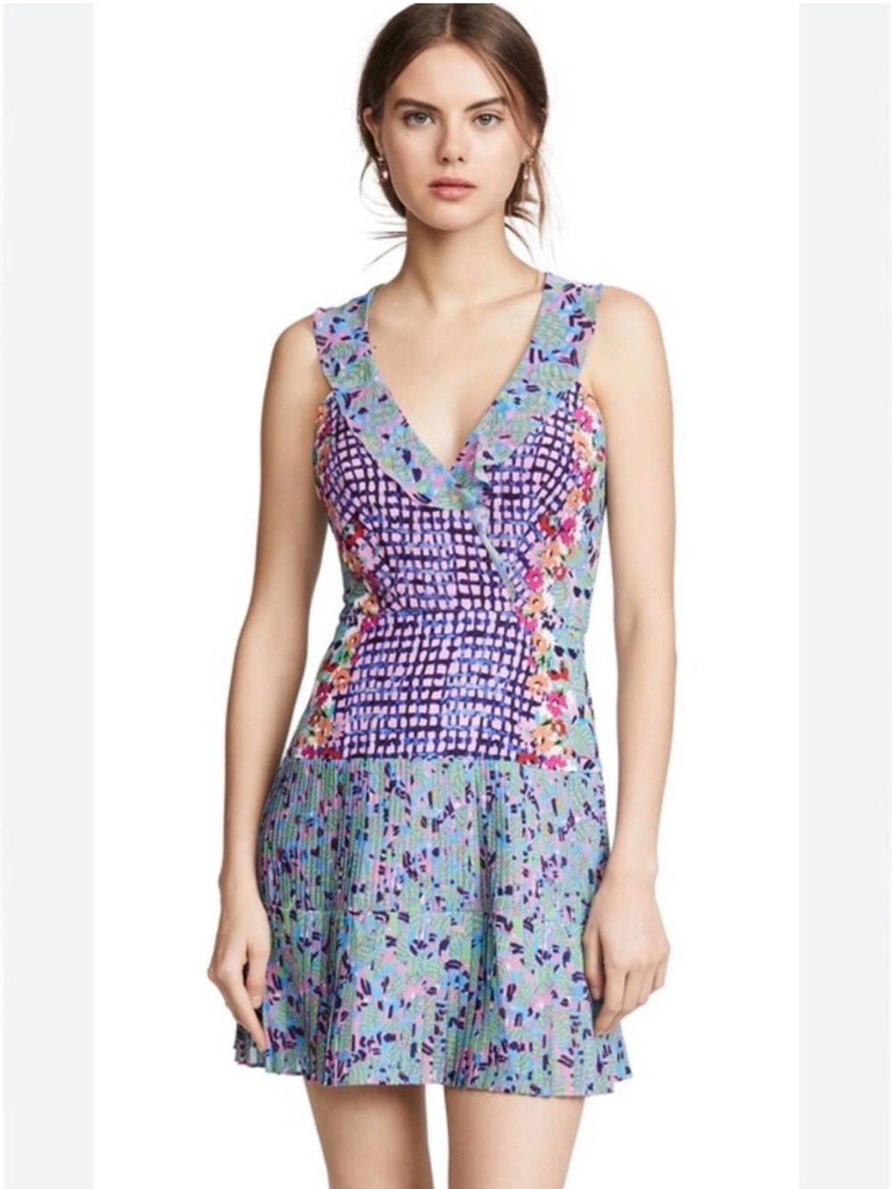 Saloni Amy Tropical Print Silk Pleated Mini Dress Sz 8